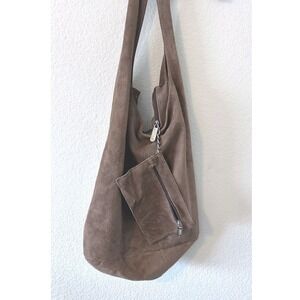 DIAS Suede Hobo Bag Brown Slouchy Shoulder Bag with Attached Zipper Pouch